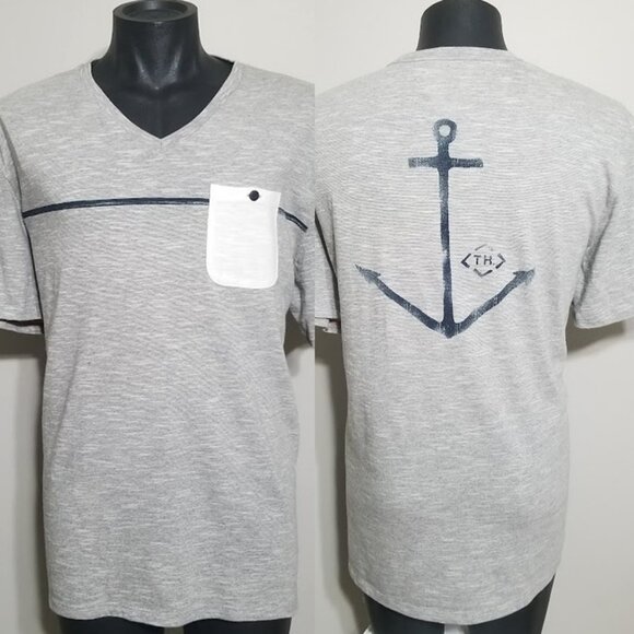 Tommy Hilfiger Mens Gray Pocket Anchor V Neck T Shirt Size XL/XLarge - Picture 1 of 11